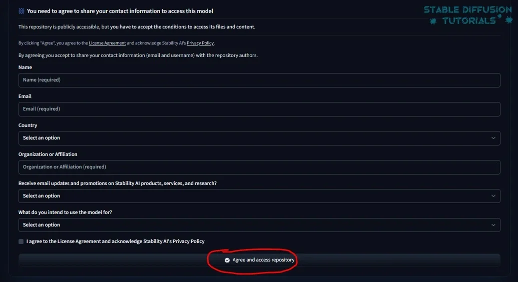 accept stabilityAI license and agreement