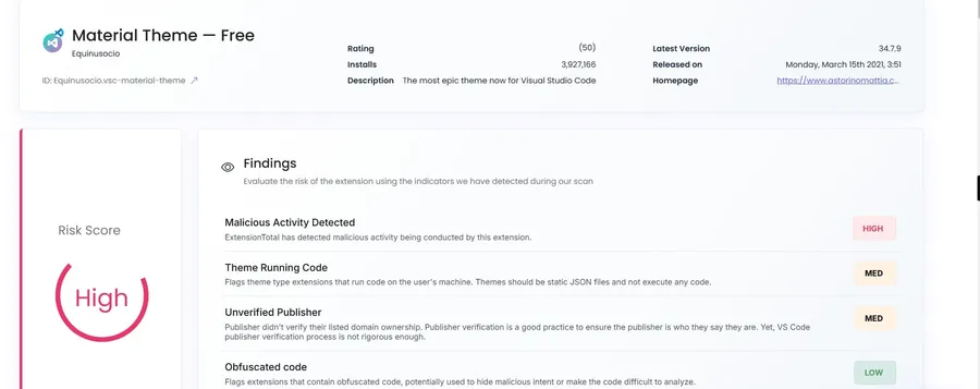 Cover image for Major Security Alert: VS Code's Most Popular Theme Extension Material Theme Found to Contain Malicious Code